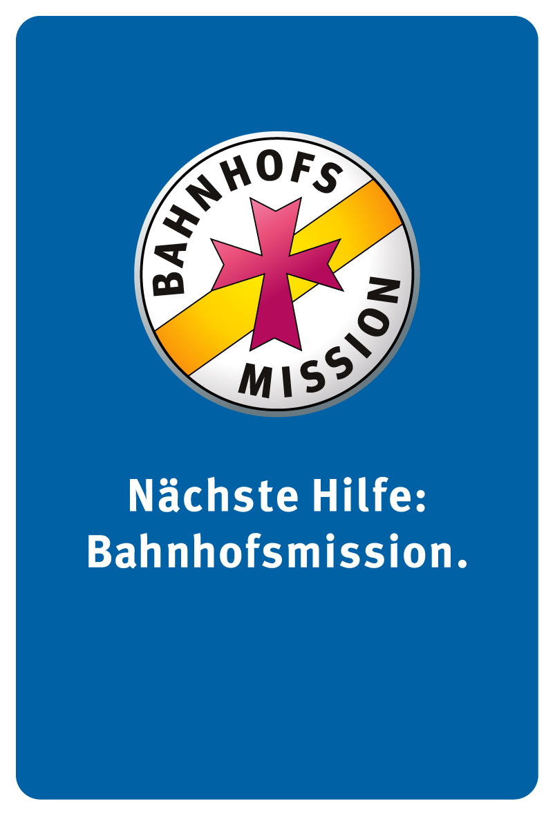Logo der Bahnhofsmission auf blauem Grund